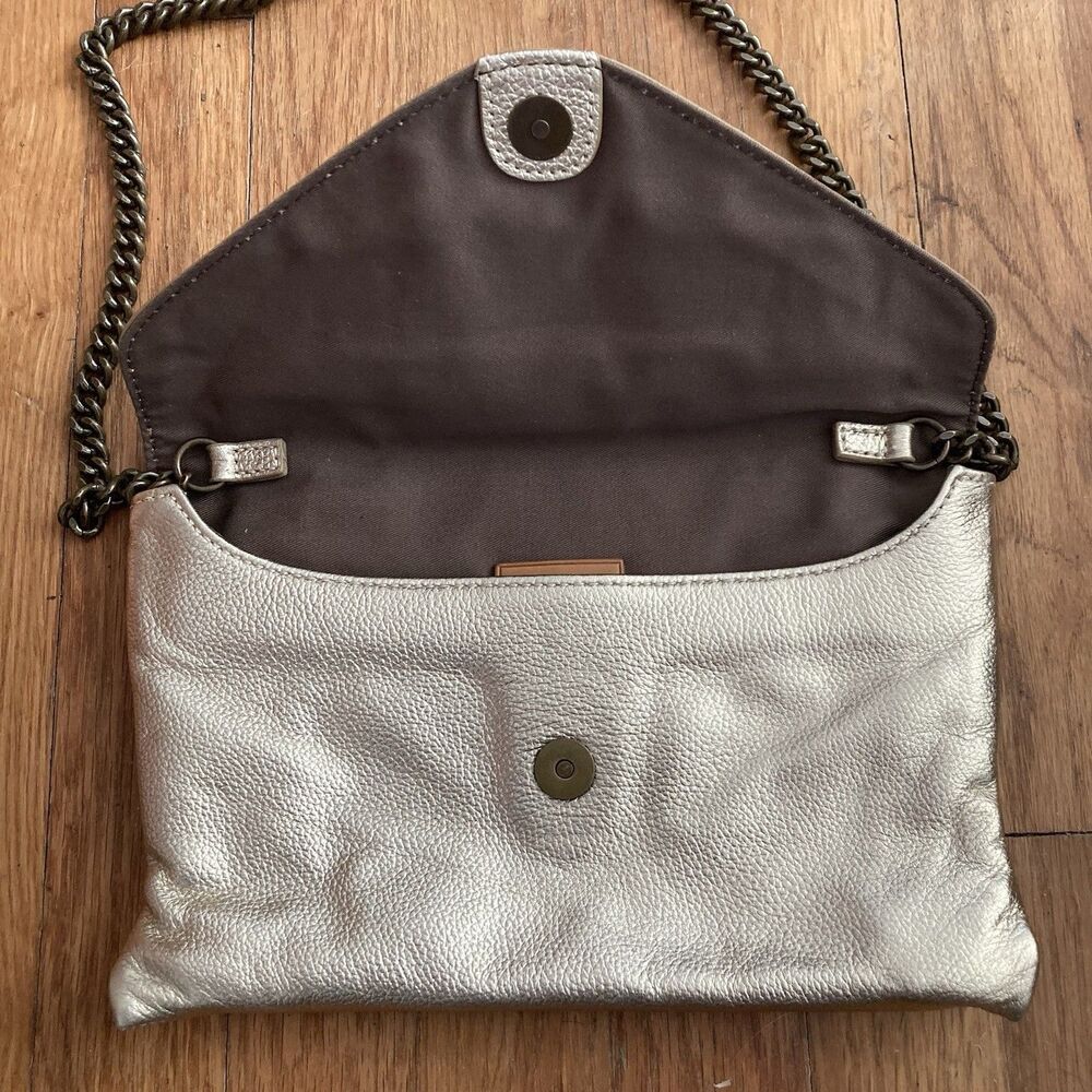 J. Crew Gold Leather Envelope Purse Clutch Chain Strap Metallic Evening Cocktail - Picture 3 of 10